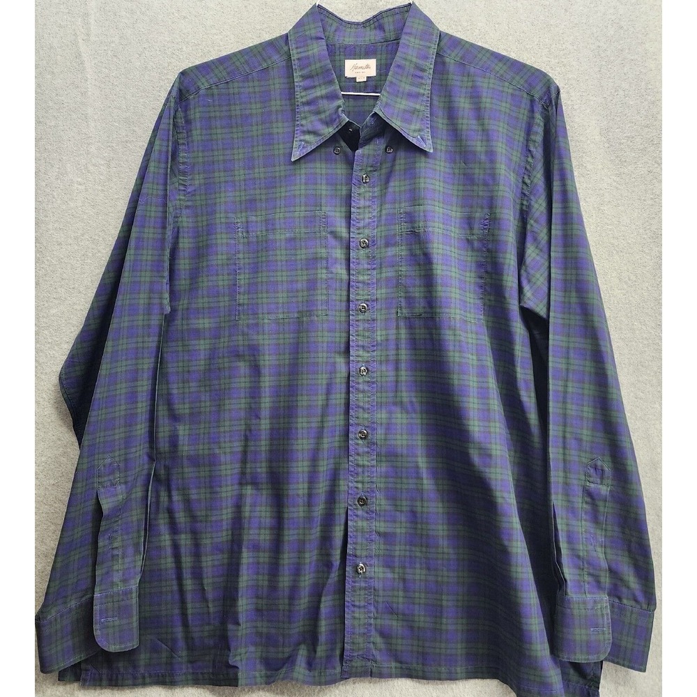 Hamilton 1883 Custom Shirt Men's Tartan Blue Green Plaid Button Down Shirt 3XL